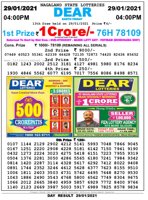 Dear Daily Lottery Result 4PM 29 Jan 2021