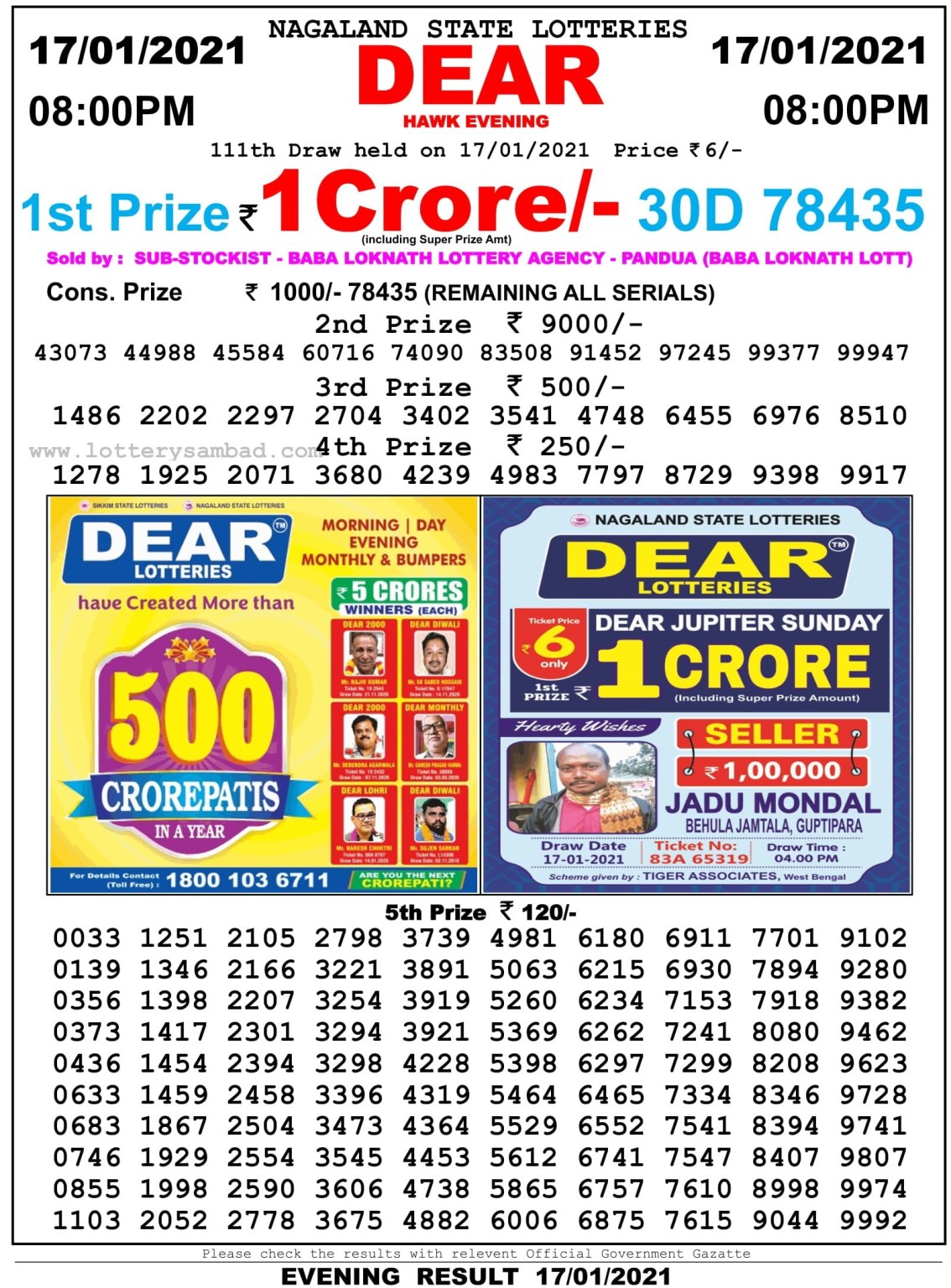 Dear Daily Lottery Result 8PM 17 Jan 2021