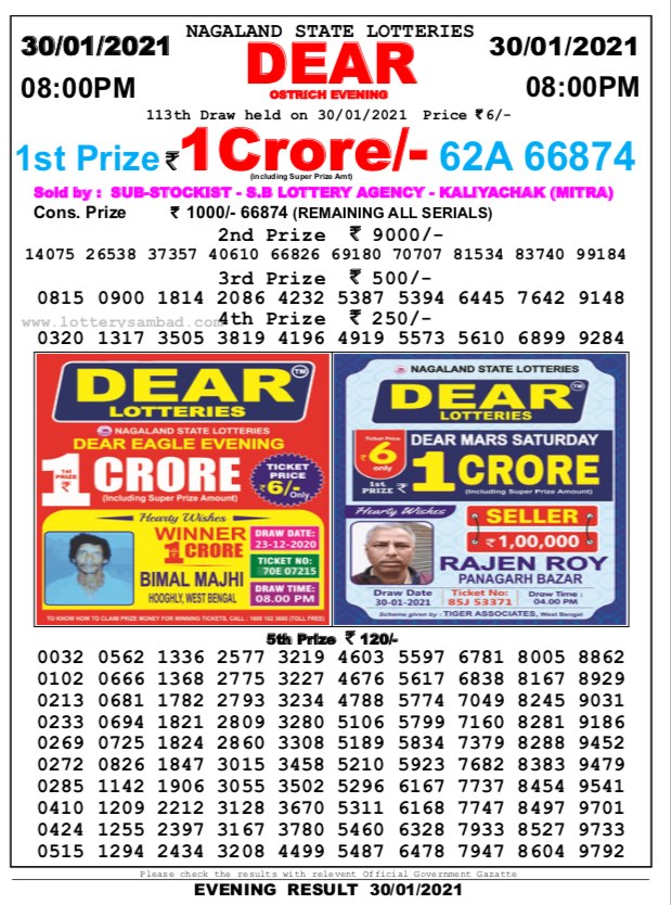 Dear Daily Lottery Result 8PM 30 Jan 2021