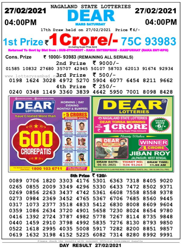 Dear Daily Lottery Result 4PM 27 Feb 2021