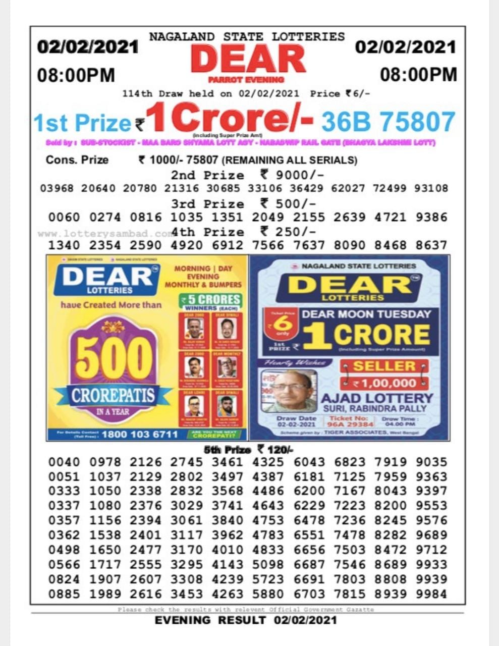 Dear Daily Lottery Result 8PM 02 Feb 2021