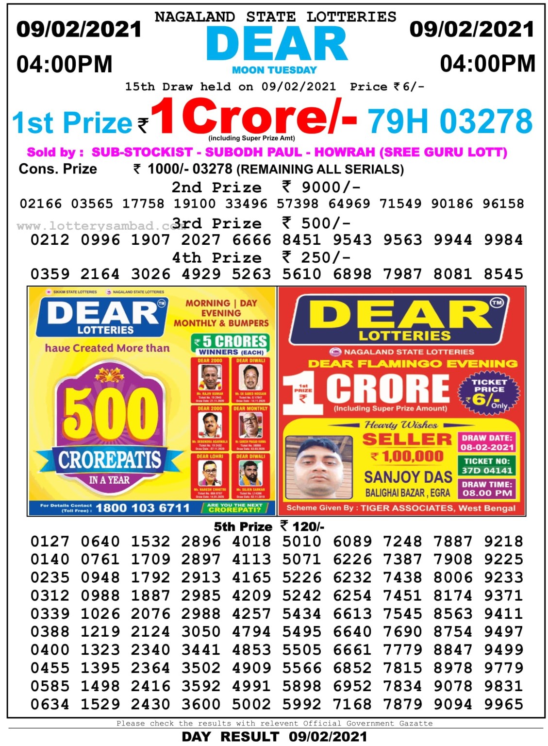 Dear Daily Lottery Result 4PM 09 Feb 2021