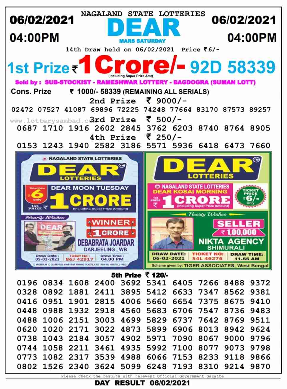 Dear Daily Lottery Result 4PM 06 Feb 2021