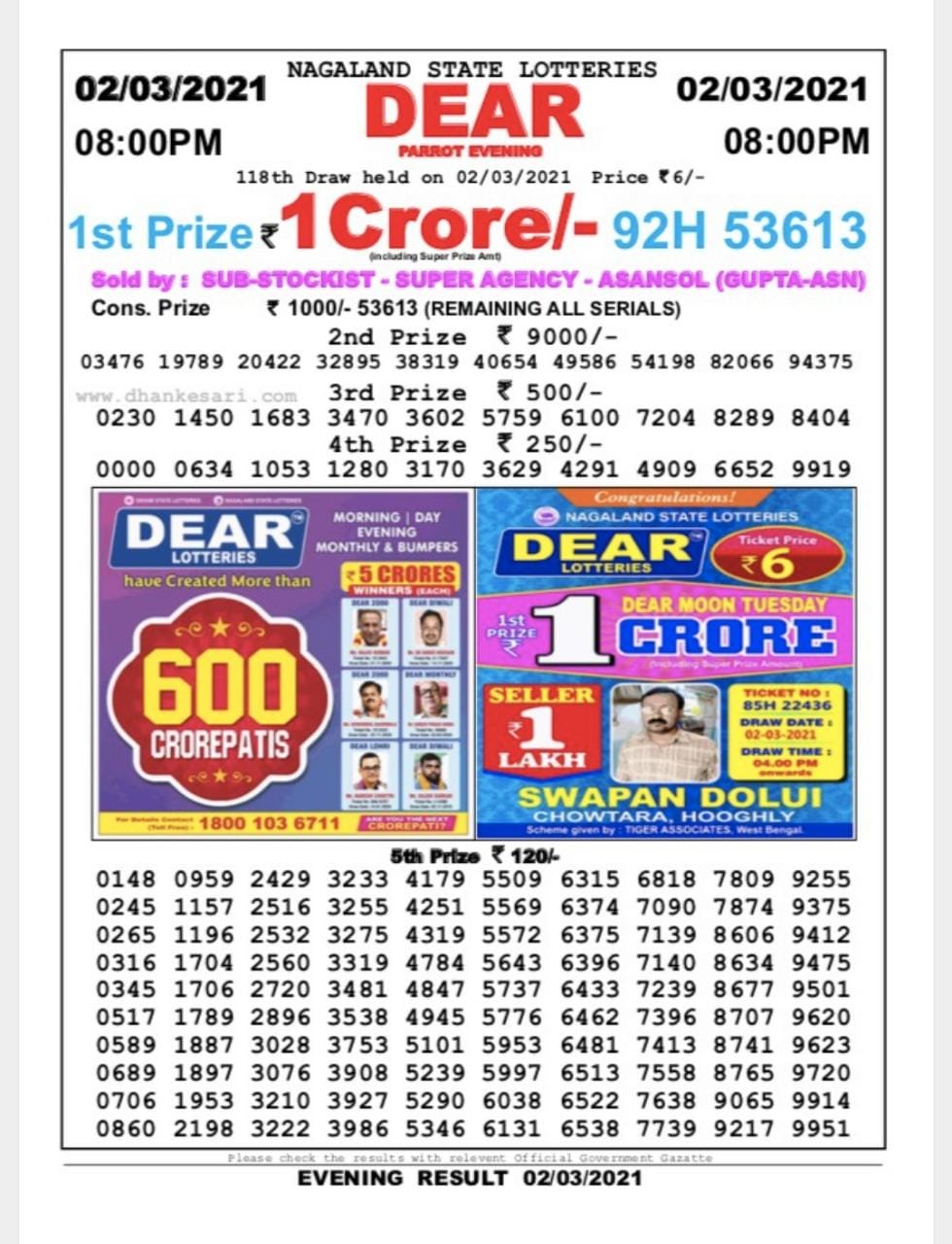 Dear Daily Lottery Result 8PM 02 Mar 2021