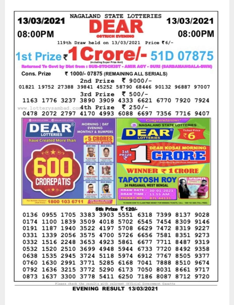 Dear Daily Lottery Result 8PM 13 Mar 2021