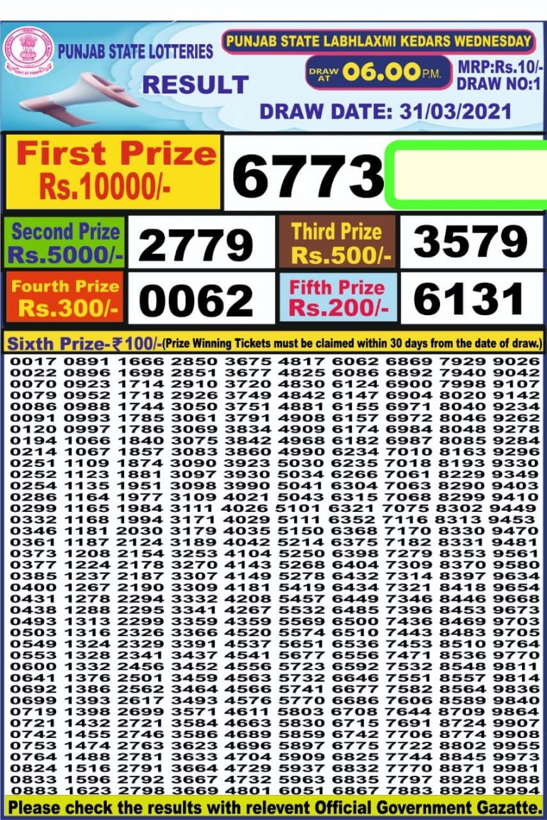 Labhlaxmi Dear 10 Lottery Result 6PM 31 Mar 2021