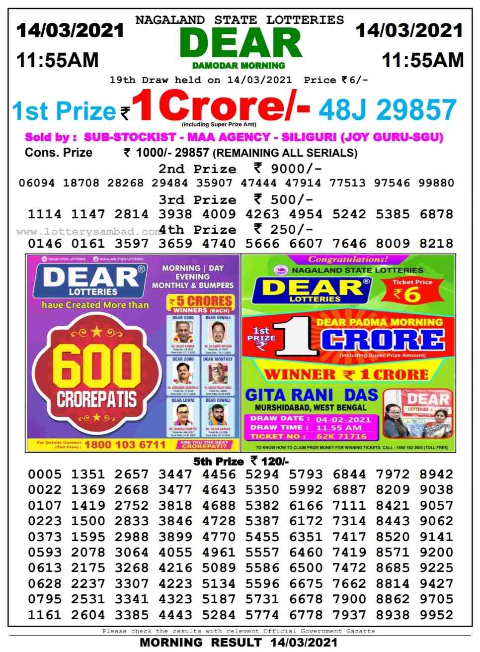 Dear Daily Lottery Result 11.55AM 14 Mar 2021