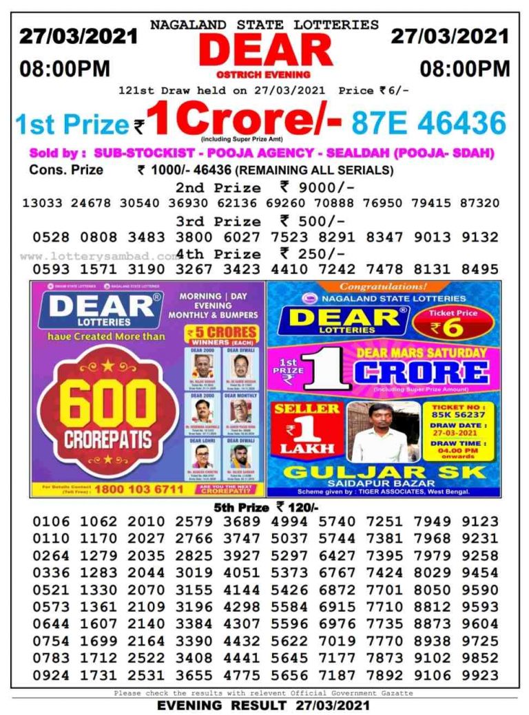Dear Daily Lottery Result 8PM 27 Mar 2021