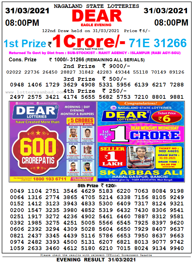 Dear Daily Lottery Result 8PM 31 Mar 2021