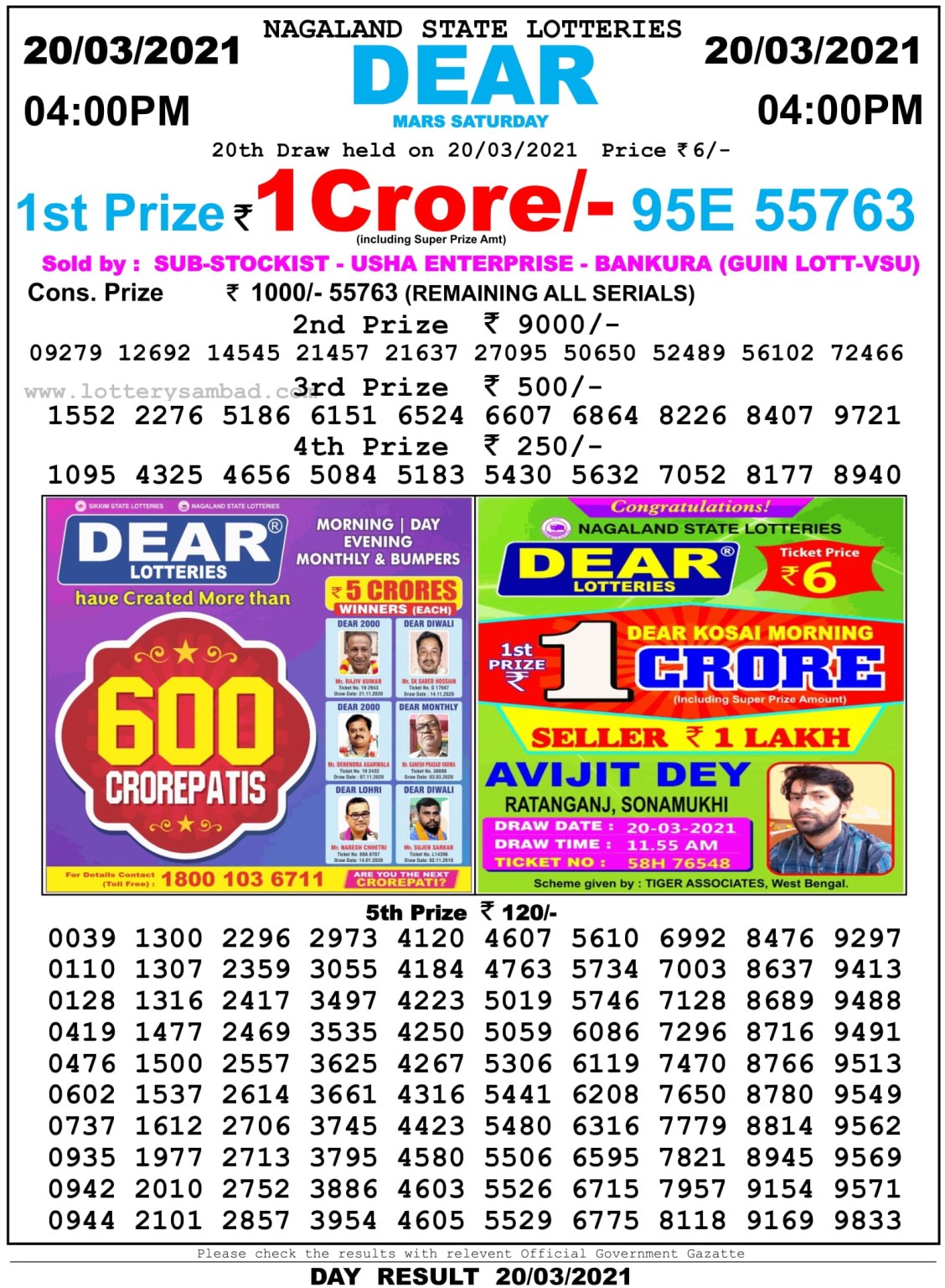 Dear Daily Lottery Result 4PM 20 Mar 2021