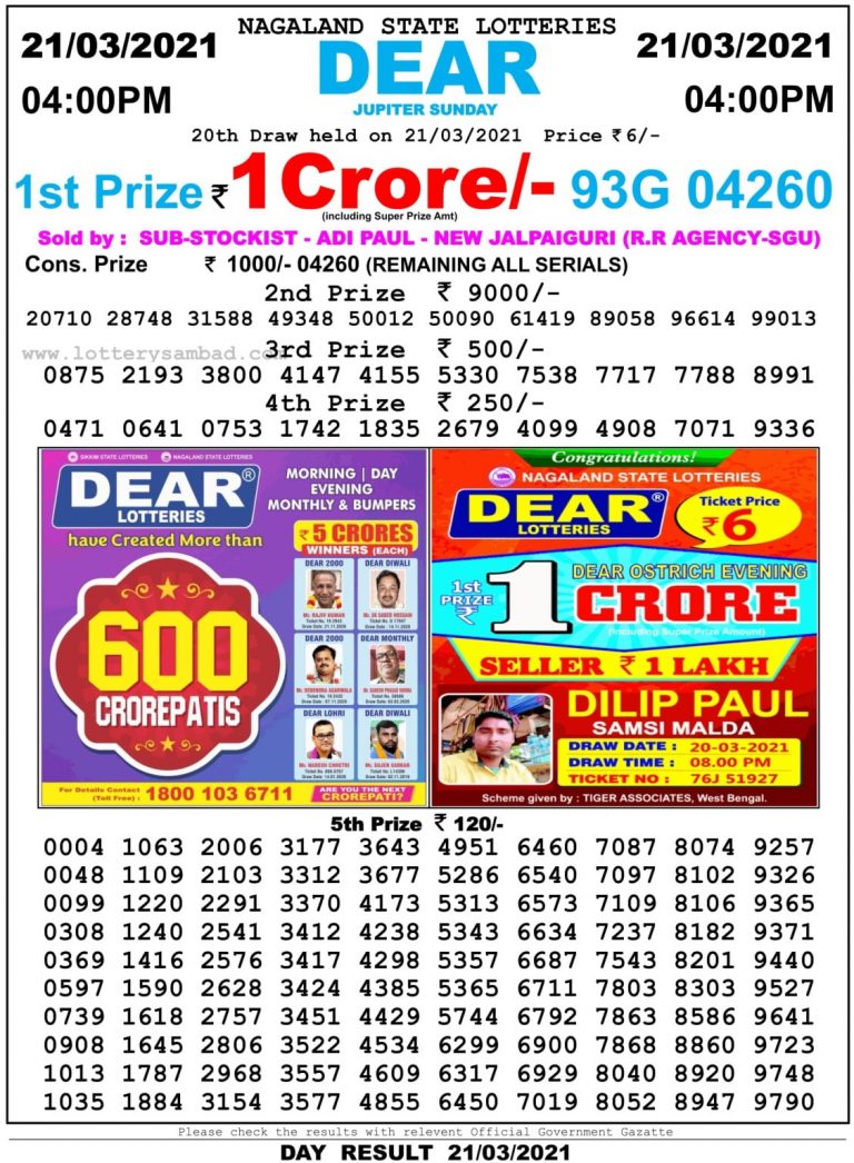 Dear Daily Lottery Result 4PM 21 Mar 2021