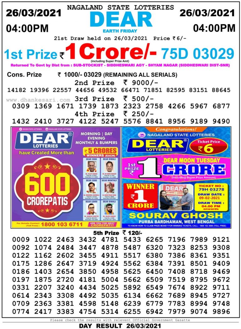 Dear Daily Lottery Result 4PM 26 Mar 2021