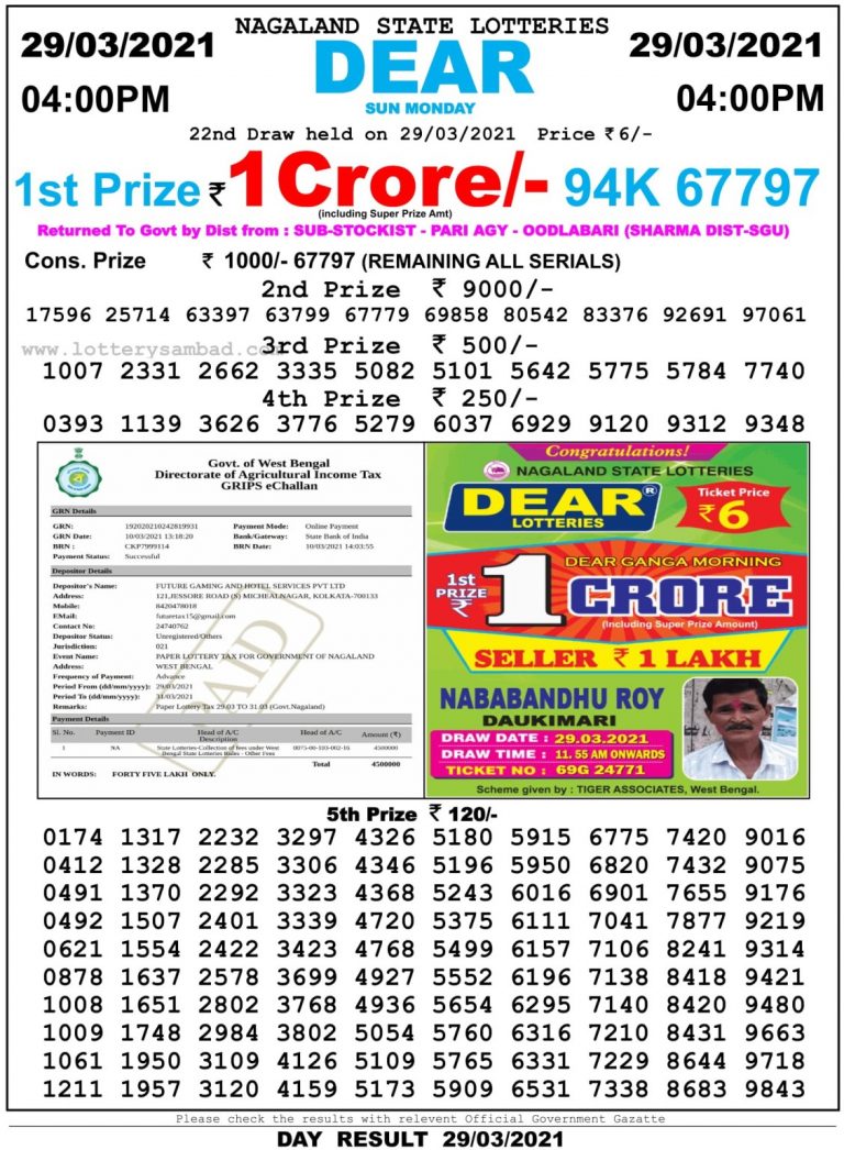 Dear Daily Lottery Result 4PM 29 Mar 2021