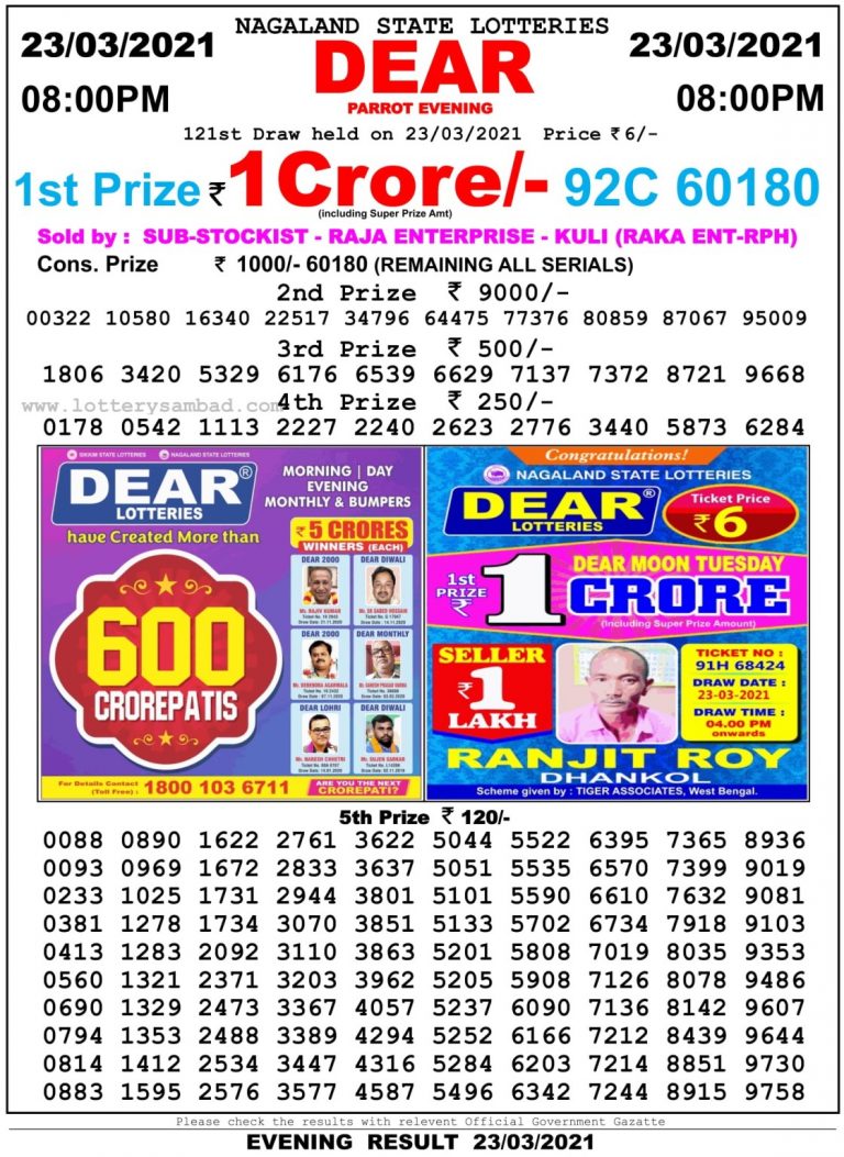 Dear Daily Lottery Result 8PM 23 Mar 2021
