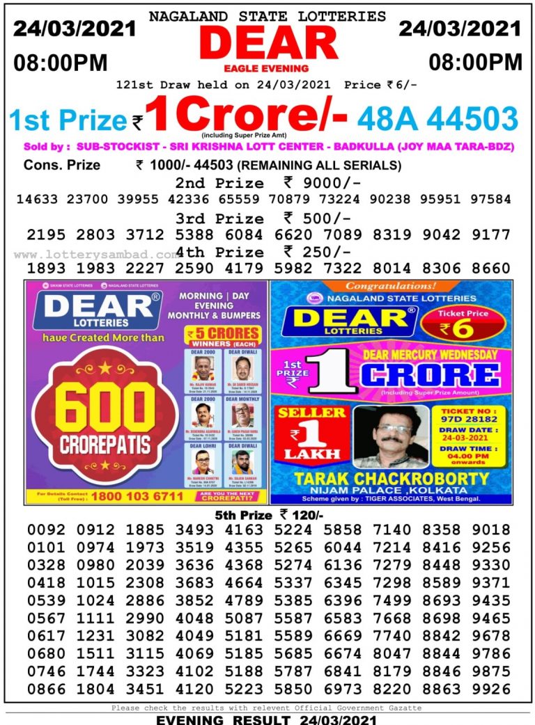 Dear Daily Lottery Result 8PM 24 Mar 2021
