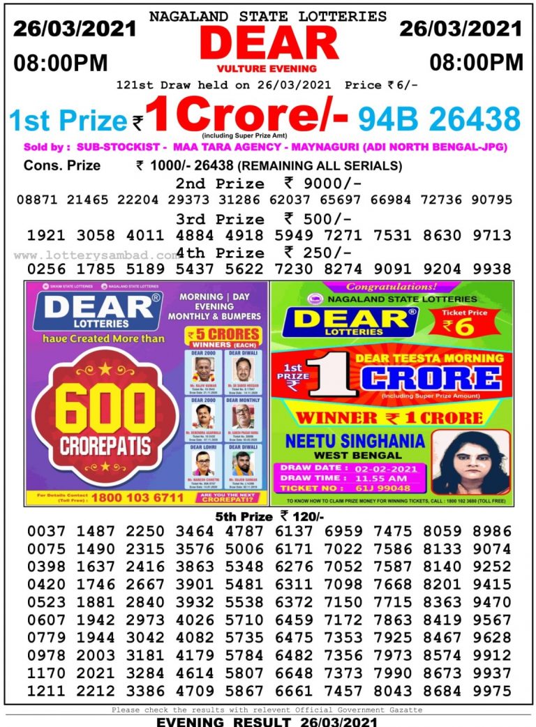 Dear Daily Lottery Result 8PM 26 Mar 2021