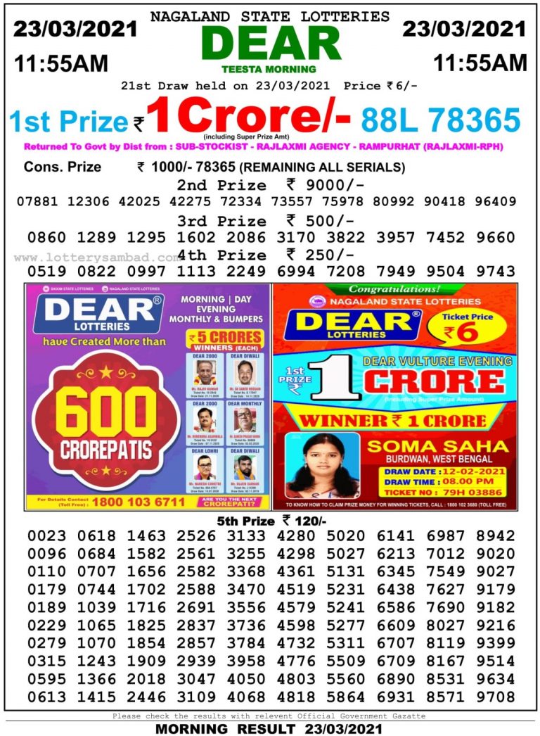 Dear Daily Lottery Result 11.55AM 23 Mar 2021