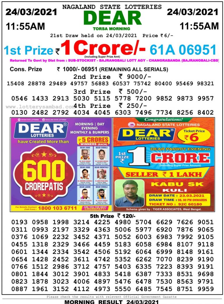Dear Daily Lottery Result 11.55AM 24 Mar 2021