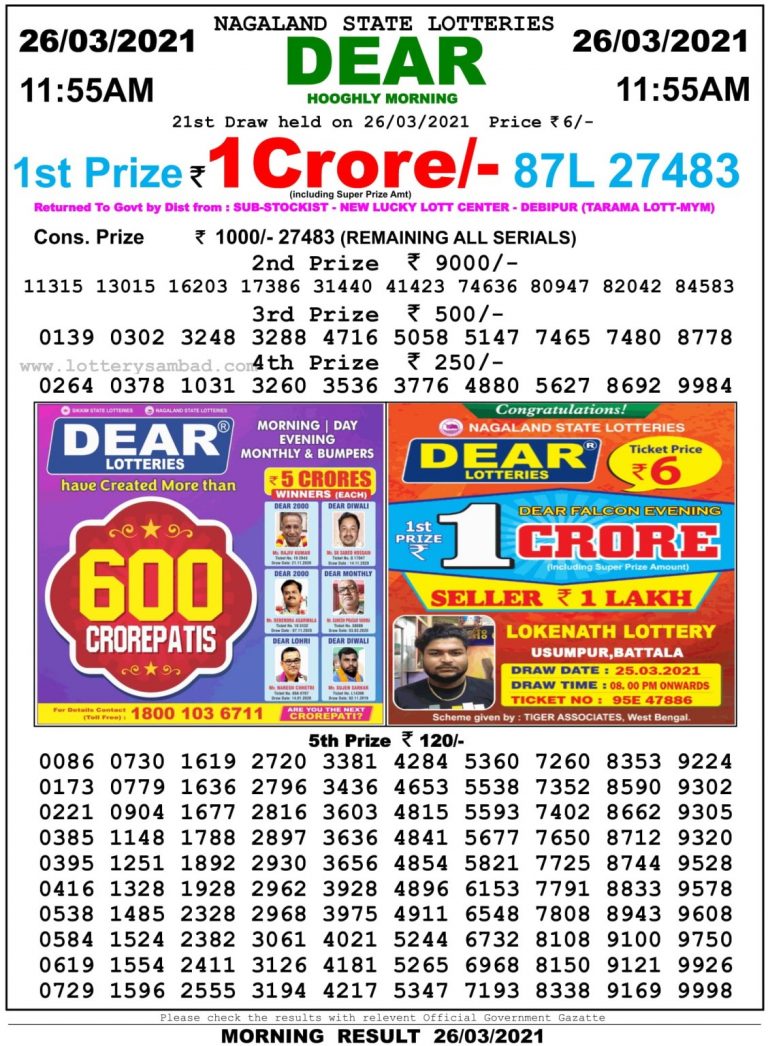 Dear Daily Lottery Result 11.55AM 26 Mar 2021