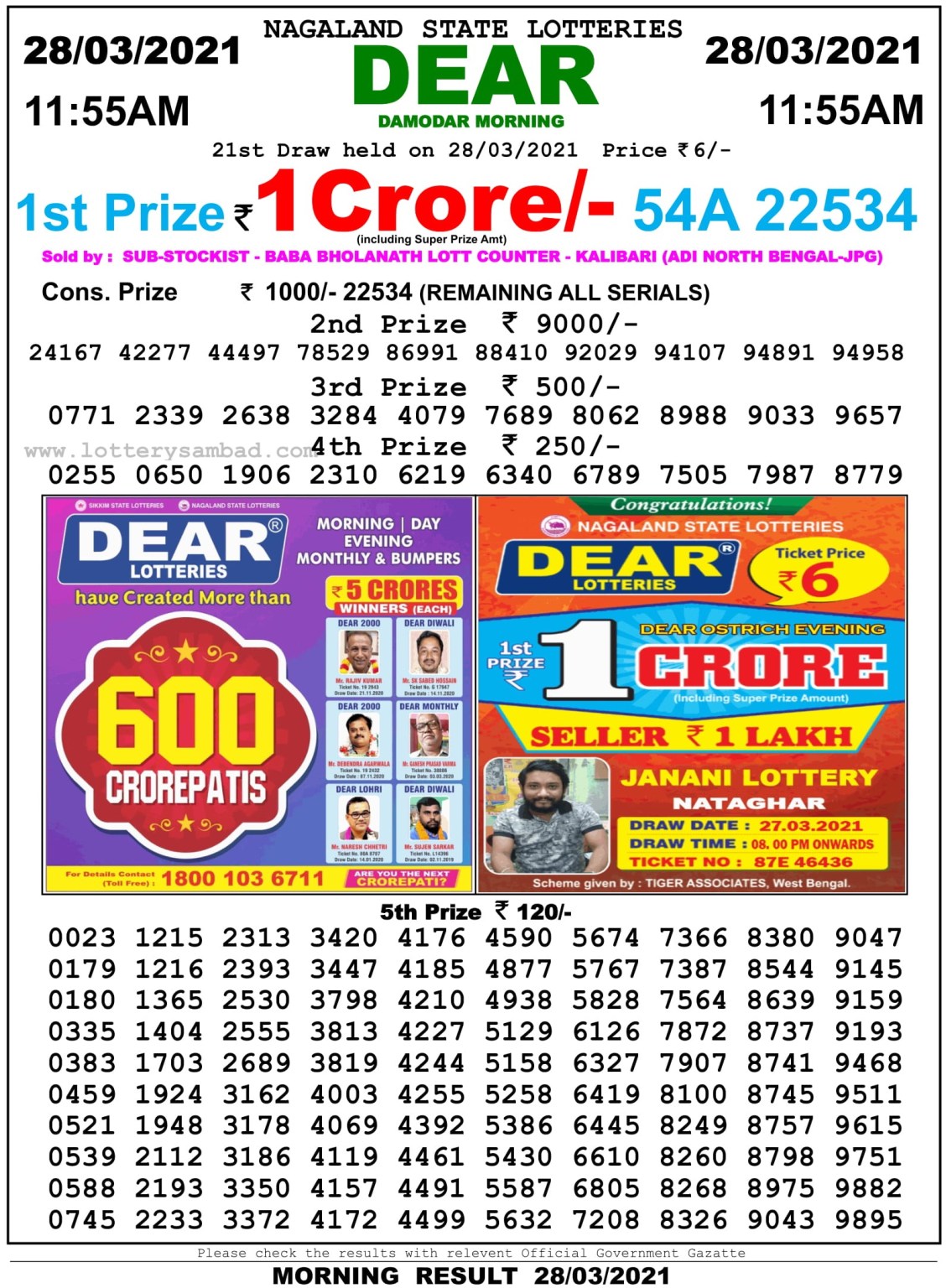 Dear Daily Lottery Result 11.55AM 27 Mar 2021