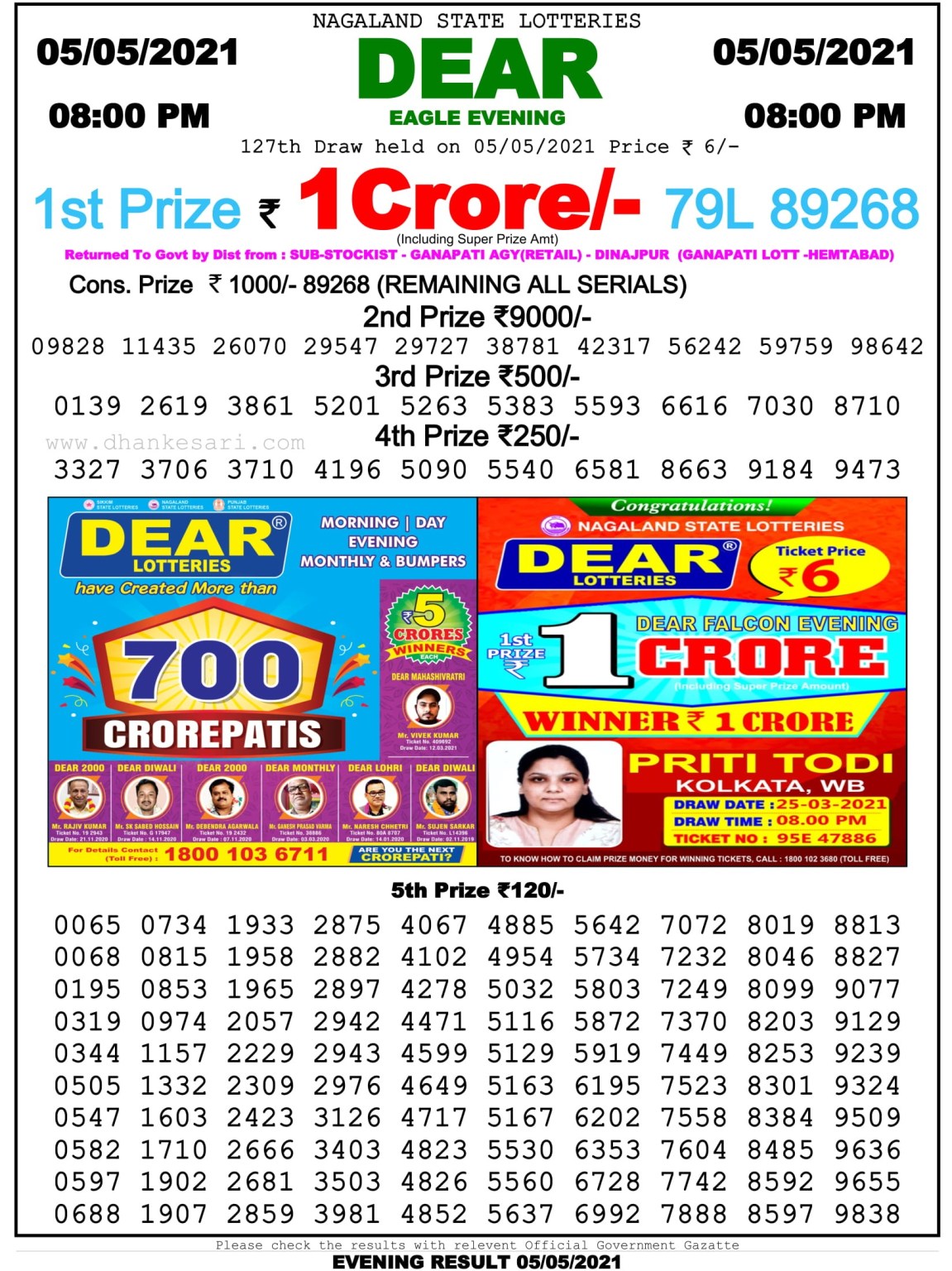 Dear Daily Lottery Result 8PM 05 May 2021