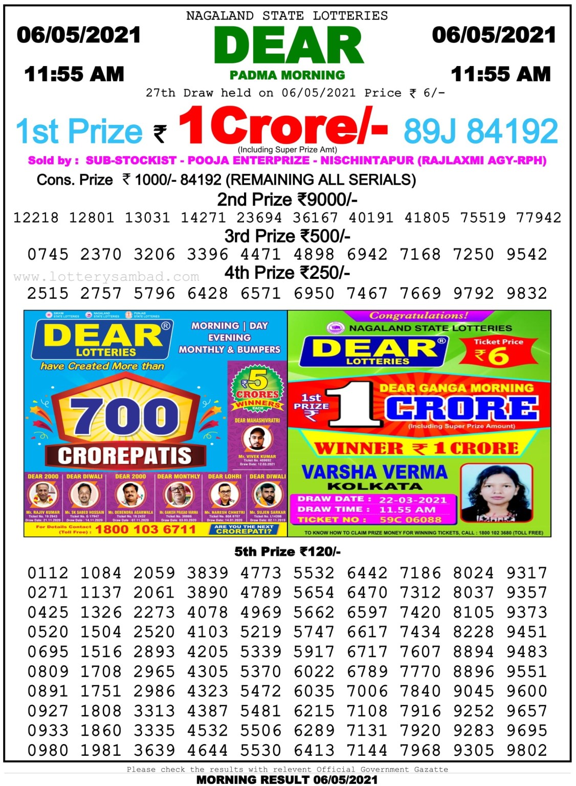 Dear Daily Lottery Result 11.55AM 06 May 2021