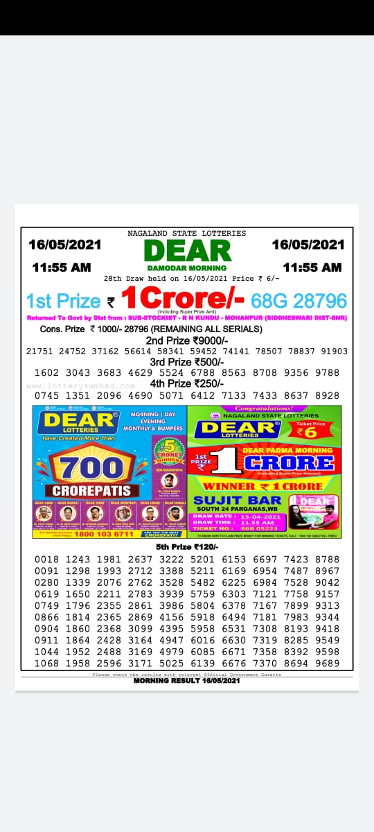 Dear Daily Lottery Result 11.55AM 16 May 2021