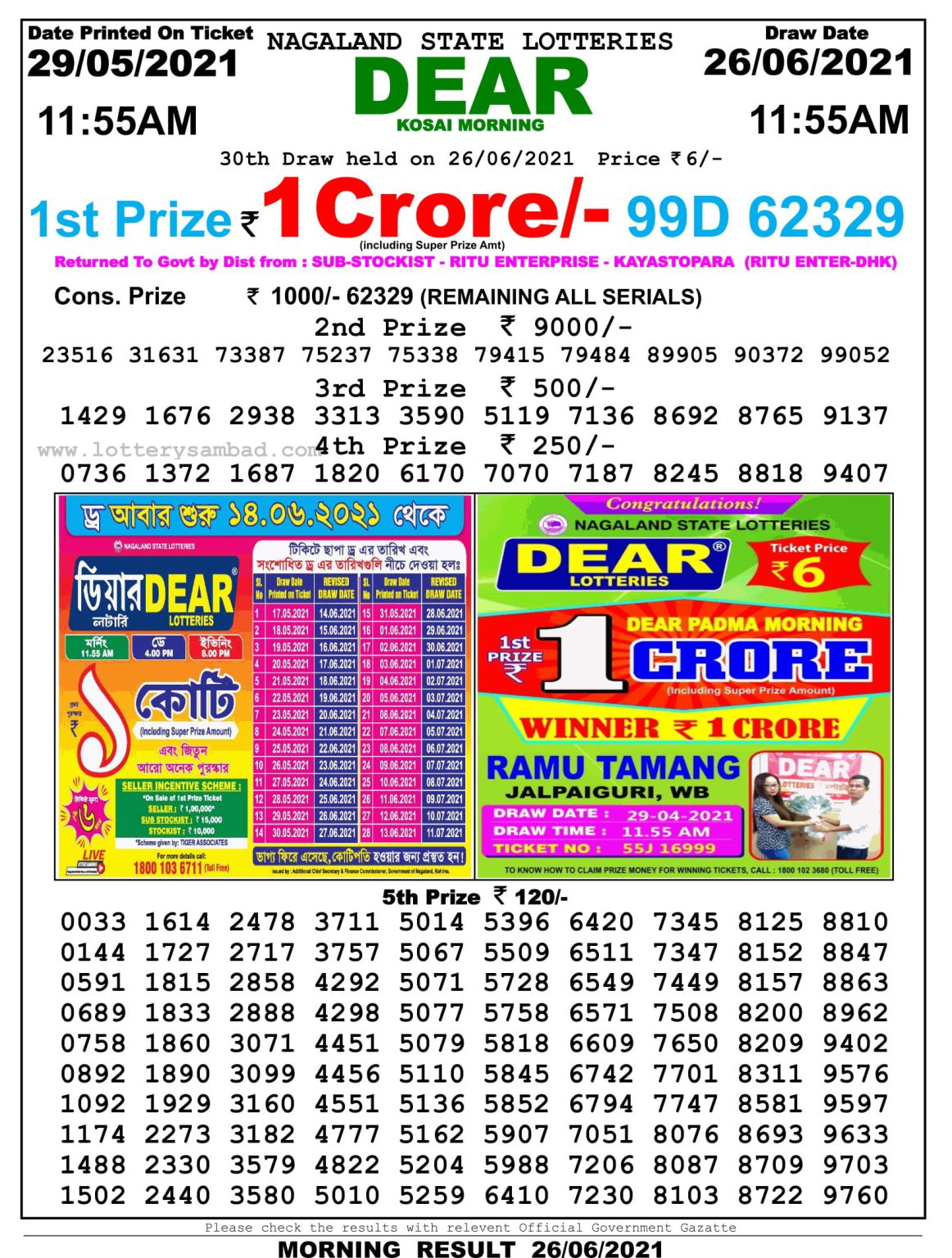 Dear Daily Lottery Result 11.55AM 26 Jun 2021