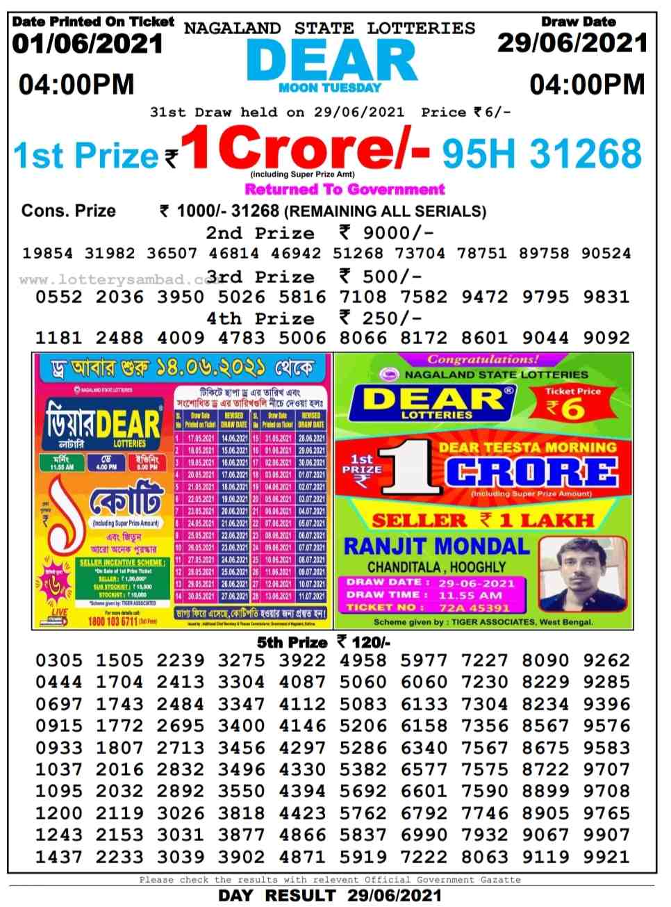 Dear Daily Lottery Result 4PM 29 Jun 2021