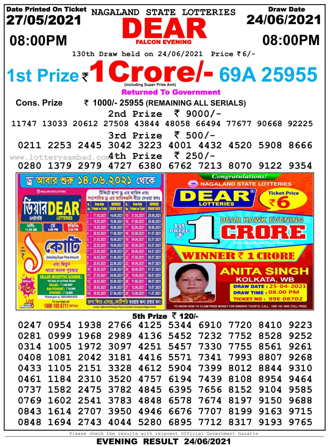 Dear Daily Lottery Result 8PM 24 Jun 2021