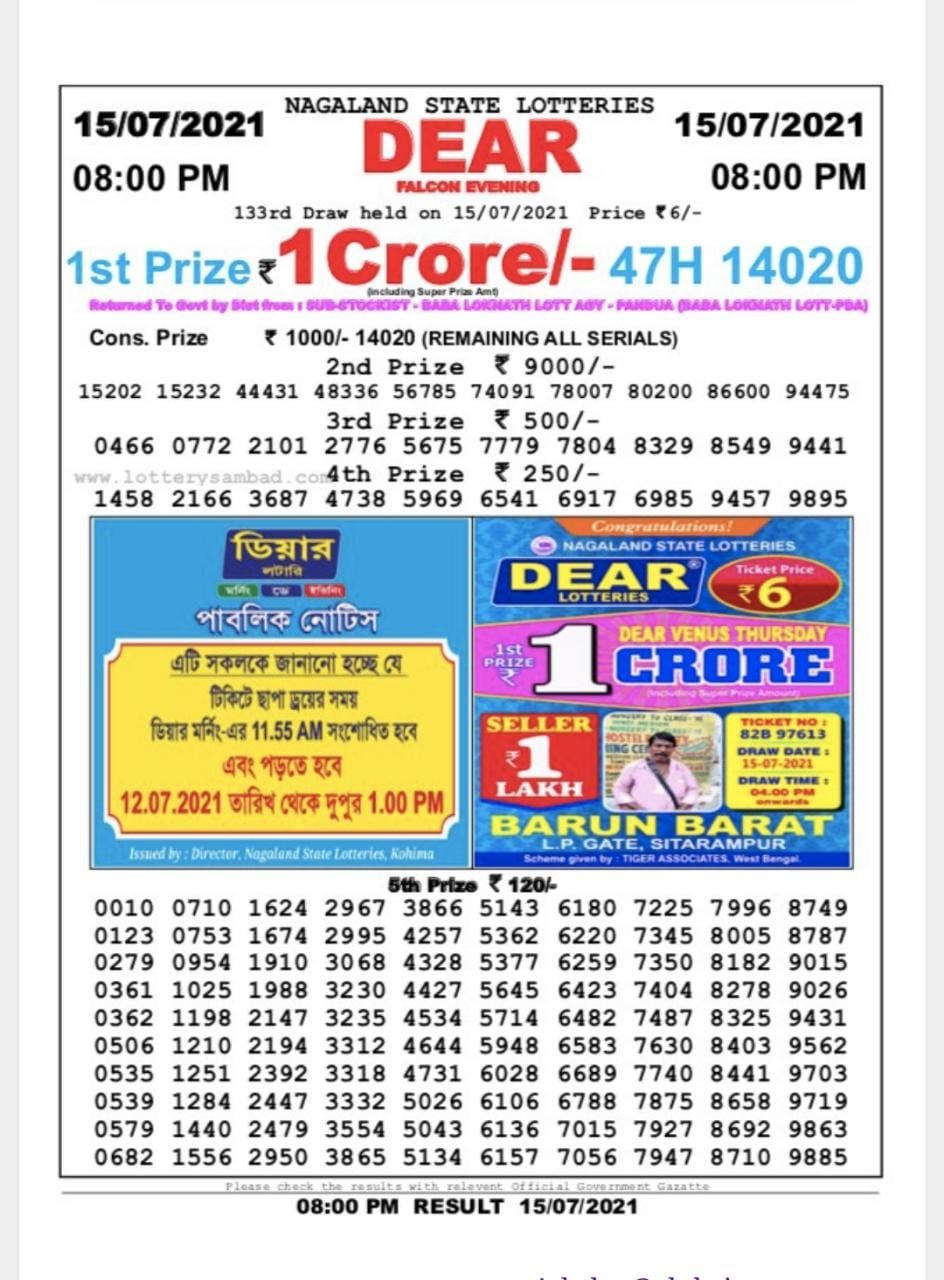 Dear Daily Lottery Result 8PM 15 Jul 2021