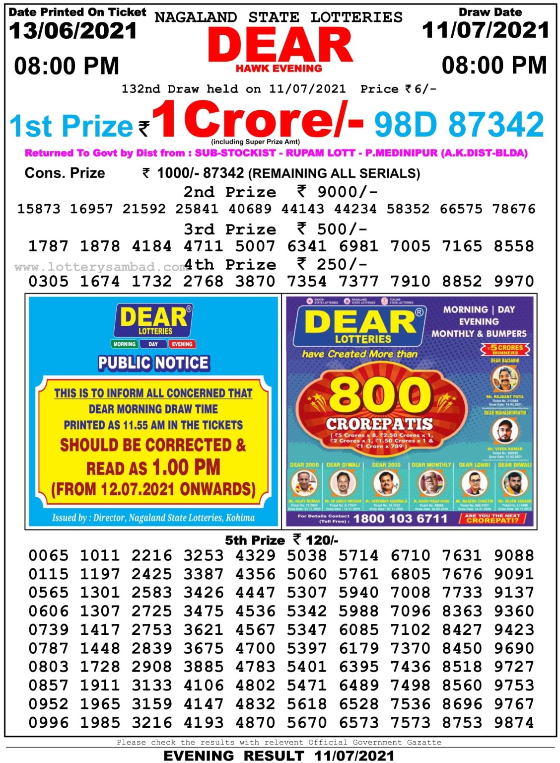 Dear Daily Lottery Result 8PM 11 Jul 2021