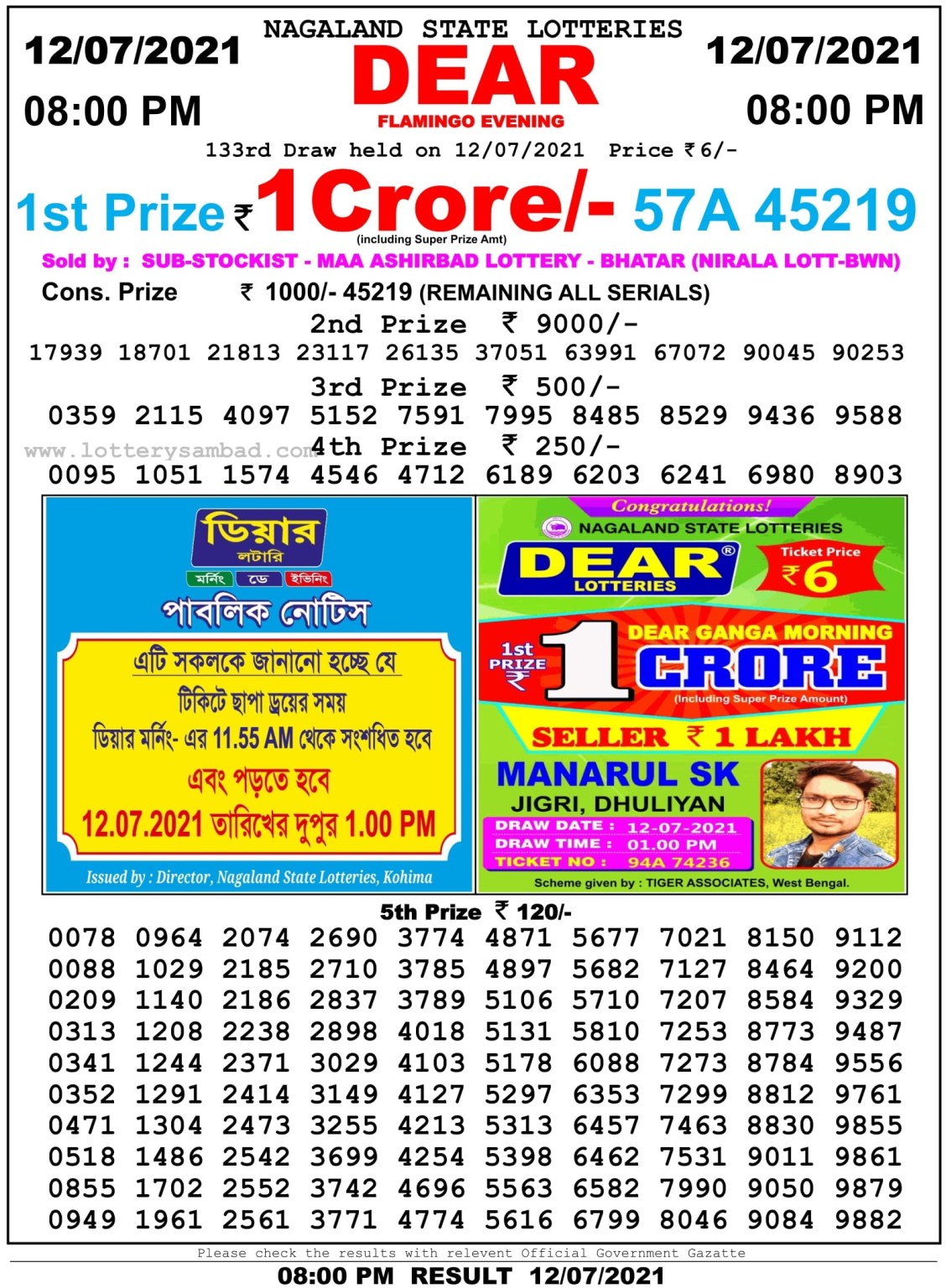 Dear Daily Lottery Result 8PM 12 Jul 2021