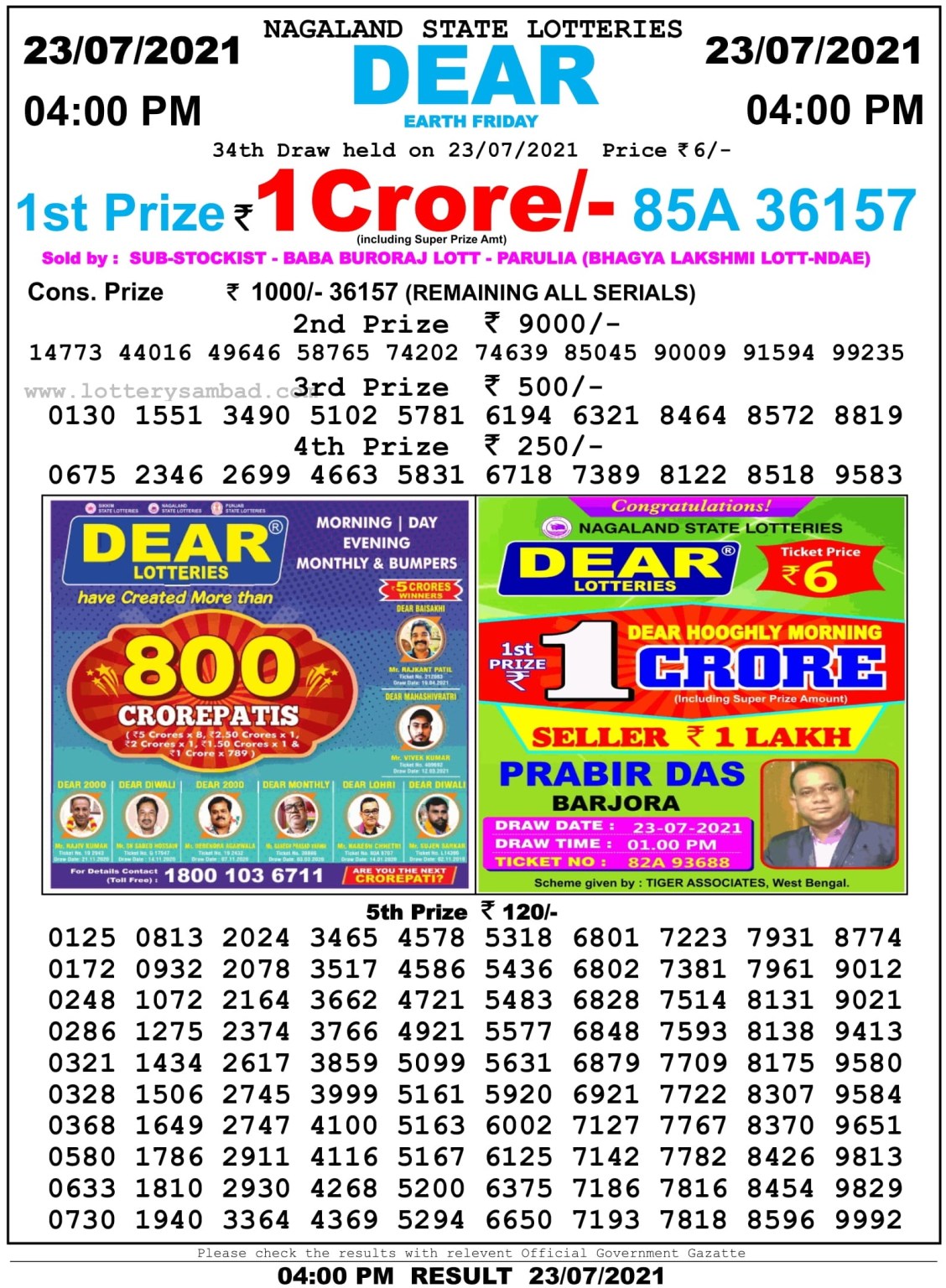 Dear Daily Lottery Result 4PM 23 Jul 2021