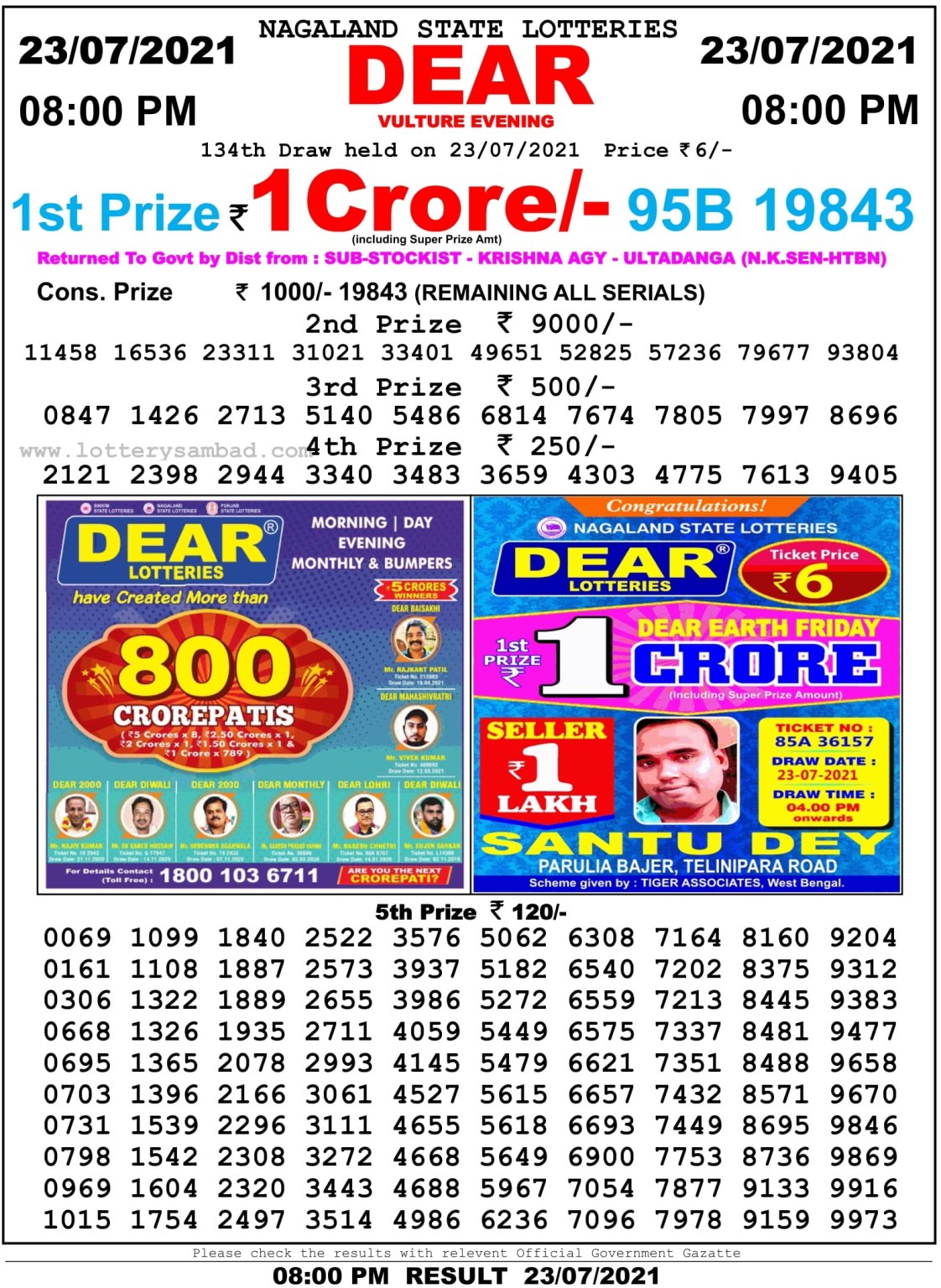 Dear Daily Lottery Result 8PM 23 Jul 2021