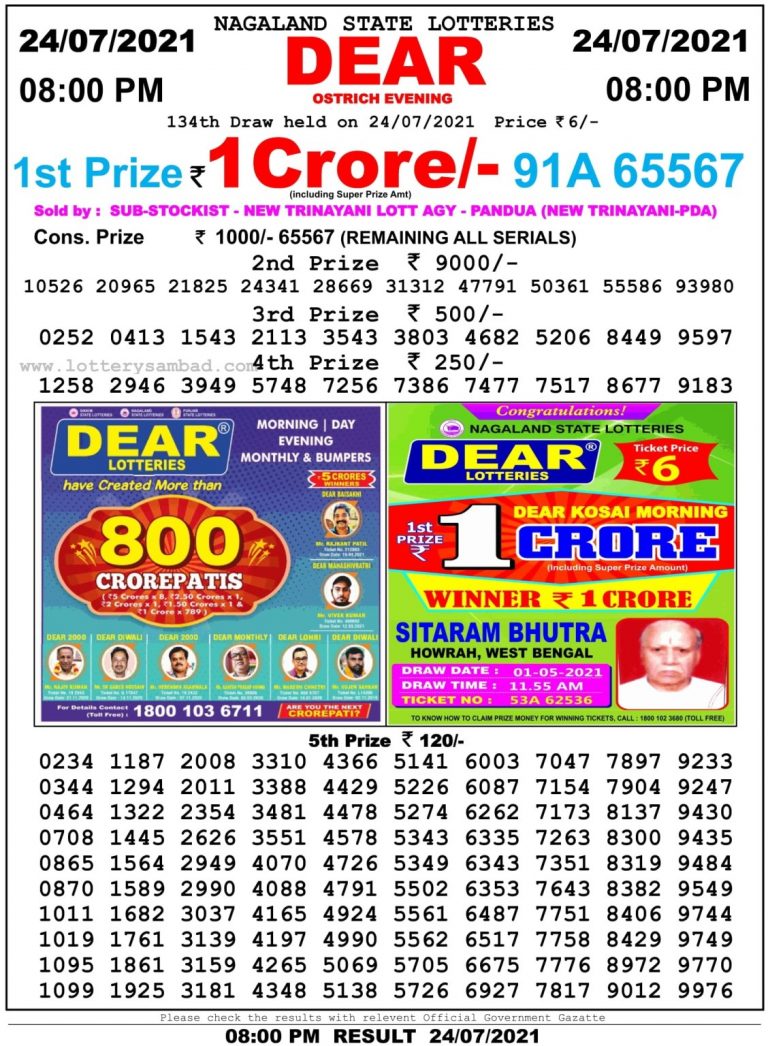 Dear Daily Lottery Result 8PM 24 Jul 2021