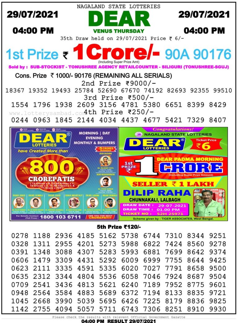 Dear Daily Lottery Result 4PM 29 Jul 2021