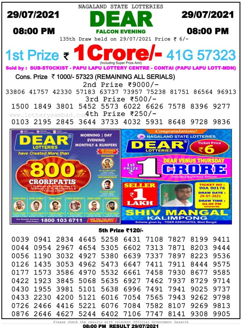 Dear Daily Lottery Result 8PM 29 Jul 2021