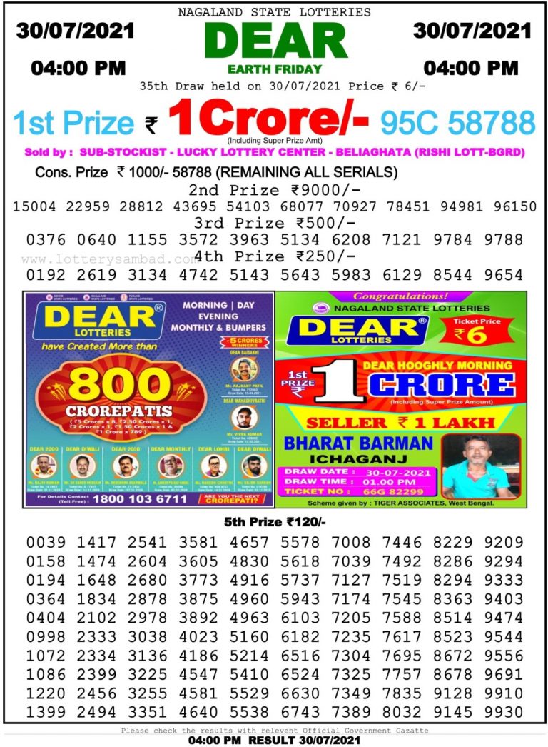 Dear Daily Lottery Result 4PM 30 Jul 2021