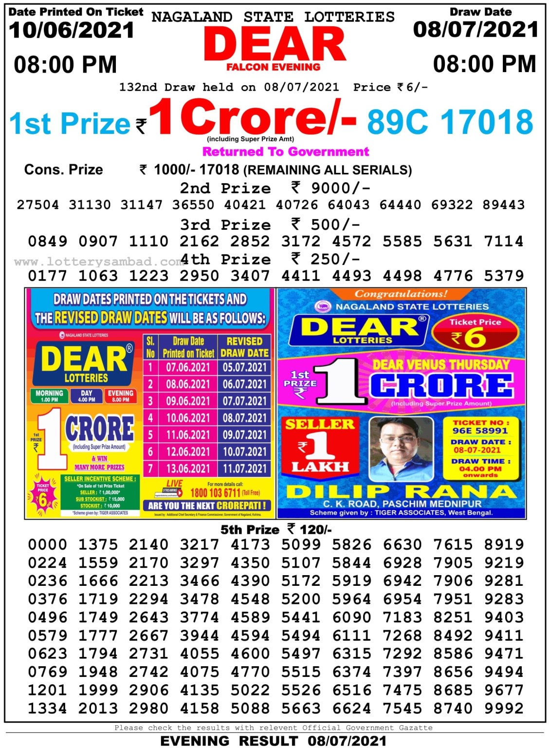 Dear Daily Lottery Result 8PM 08 Jul 2021