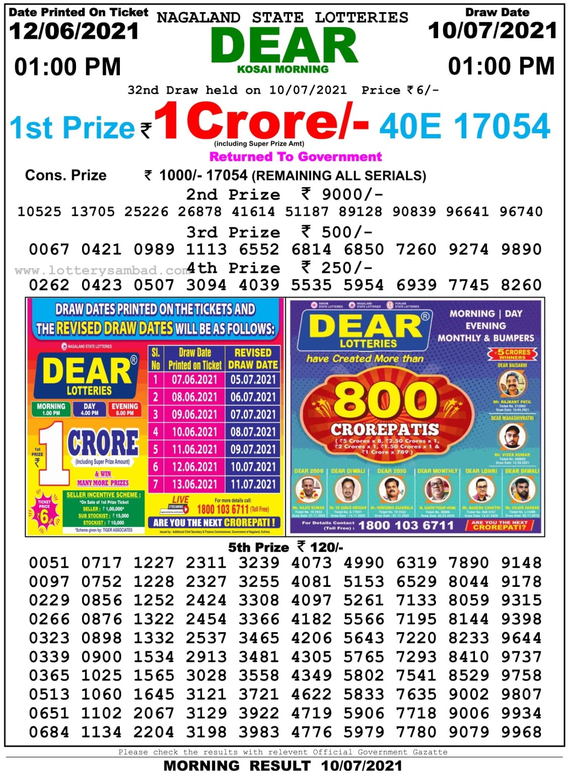 Dear Daily Lottery Result 01.00PM 10 Jul 2021