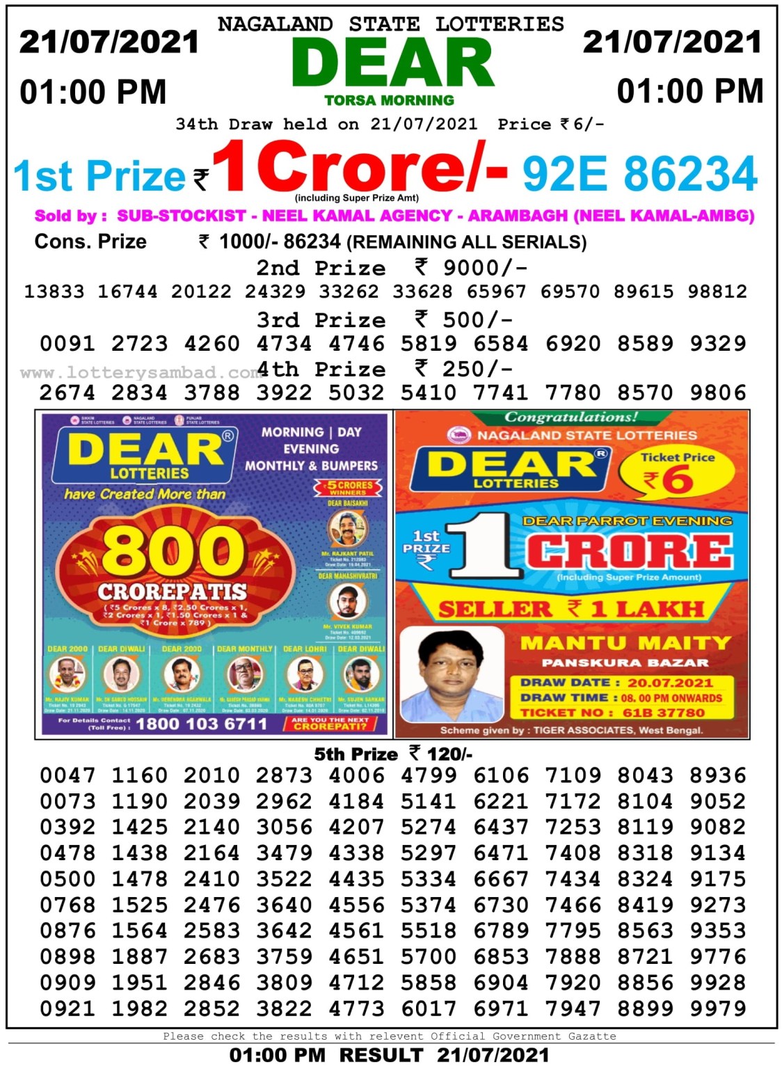 Dear Daily Lottery Result 01.00PM 21 Jul 2021