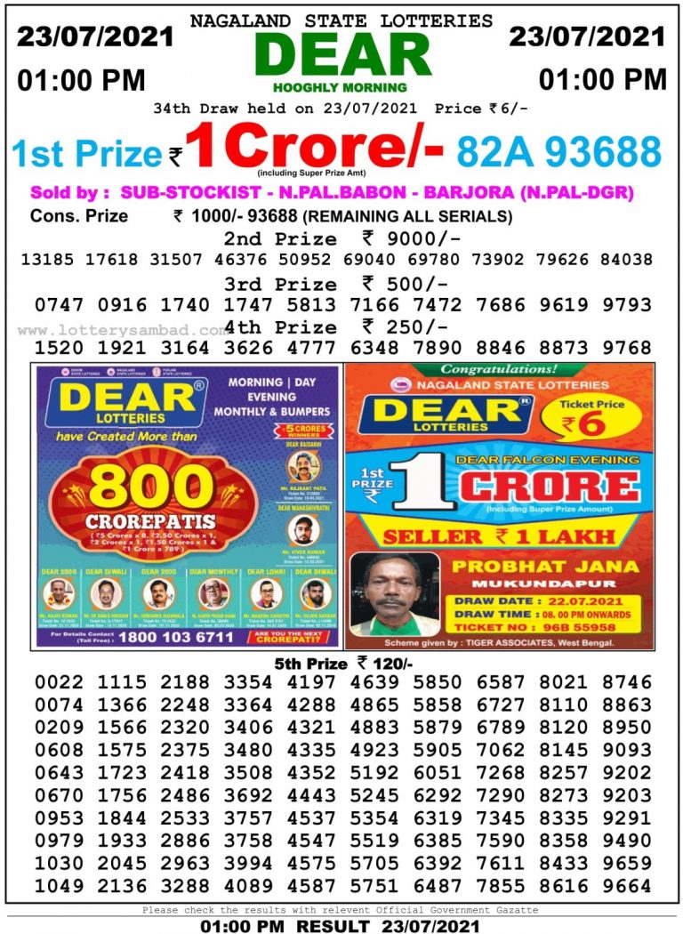 Dear Daily Lottery Result 01.00PM 23 Jul 2021