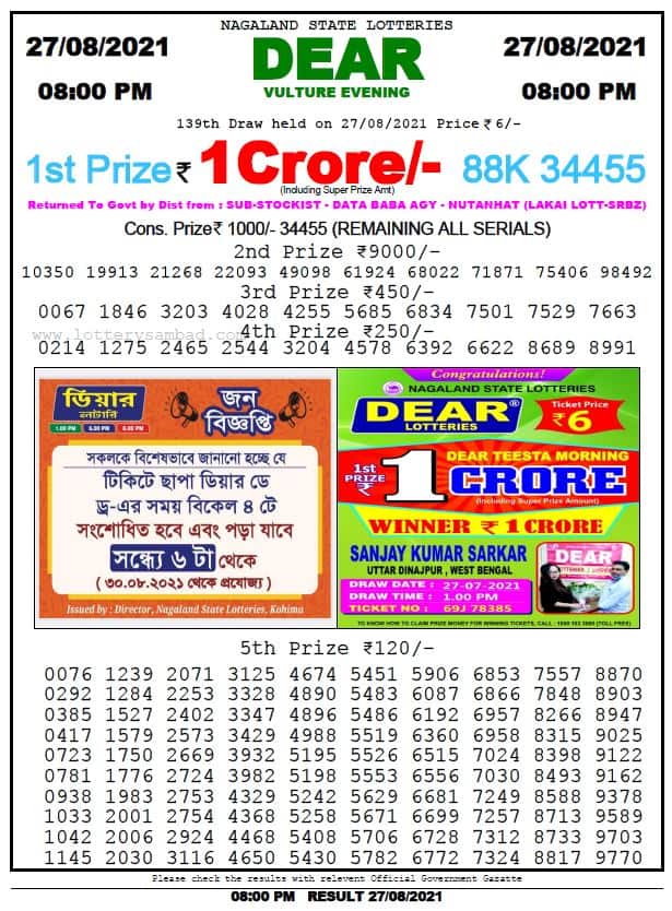 Dear Daily Lottery Result 8PM 26 Aug , 2021