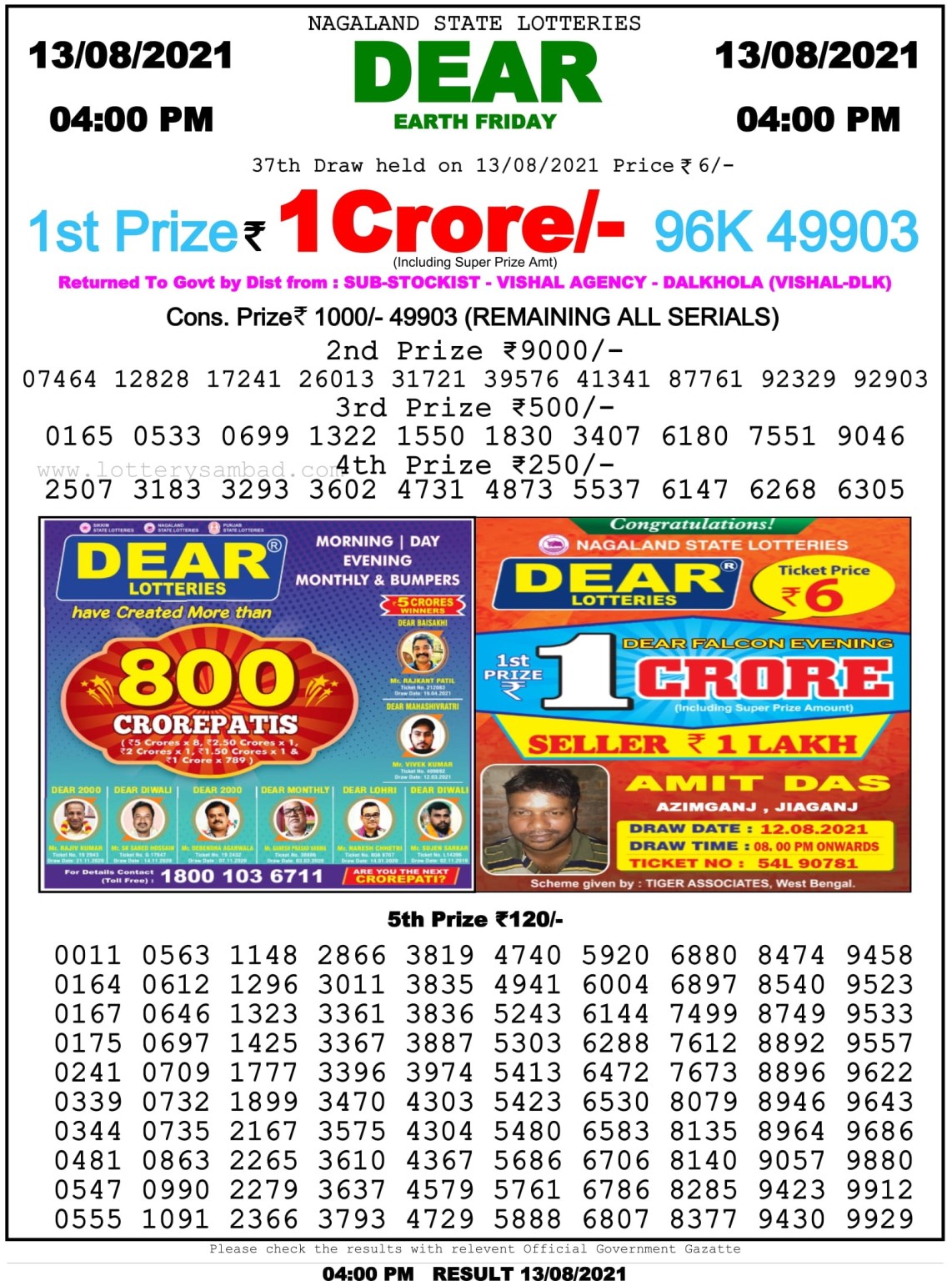 Dear Daily Lottery Result 4PM 13 Aug 2021