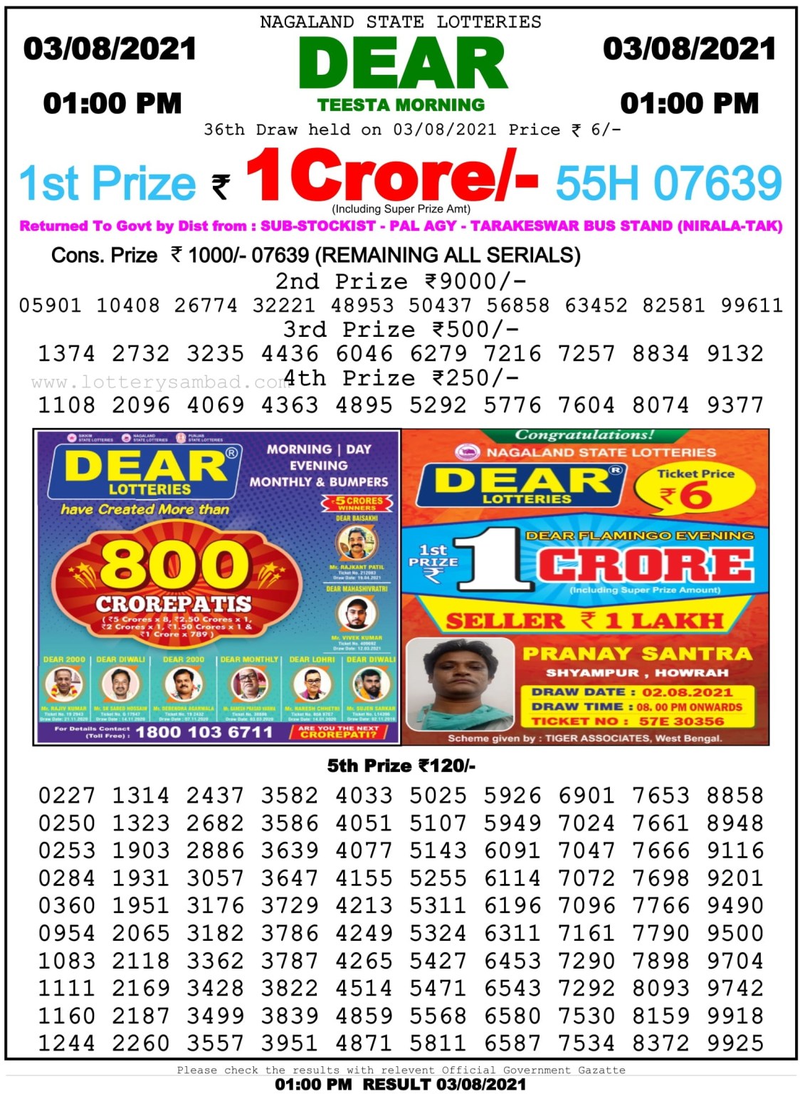 Dear Daily Lottery Result 01.00PM 03 Aug 2021