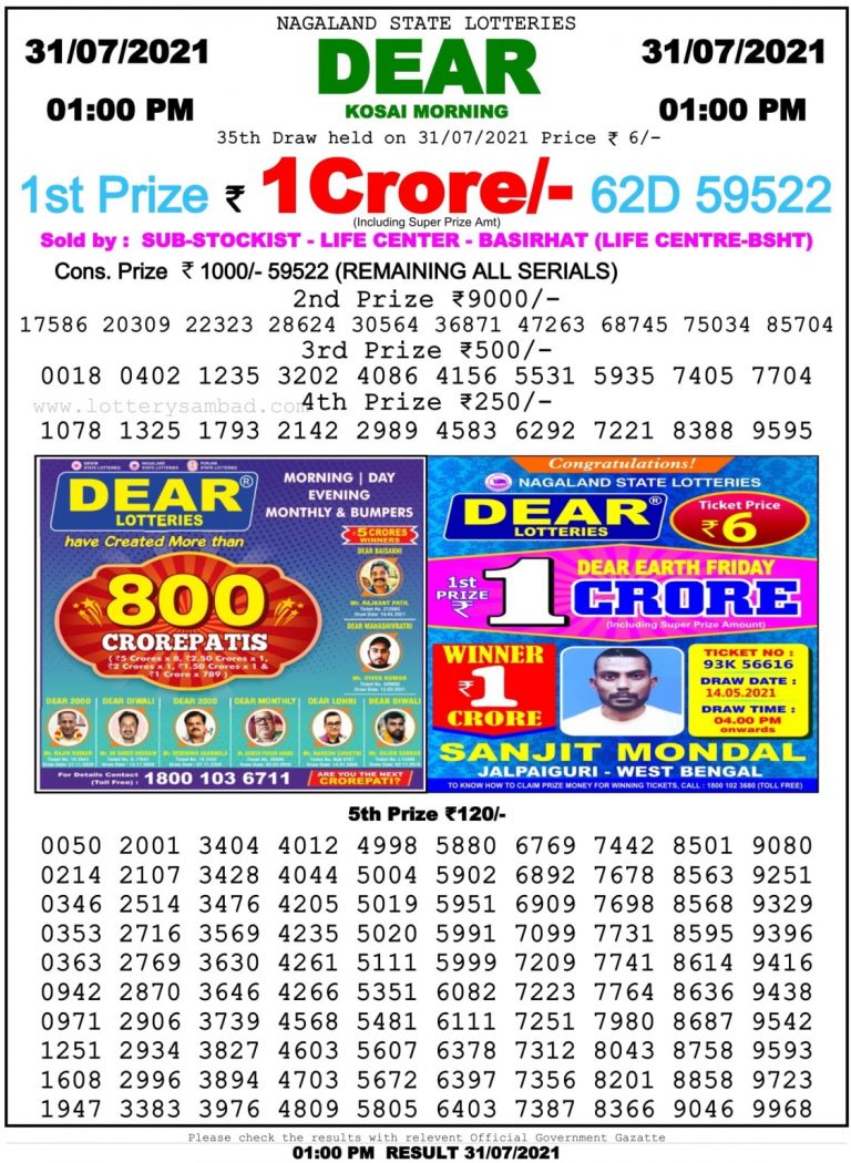 Dear Daily Lottery Result 01.00PM 31 Jul 2021