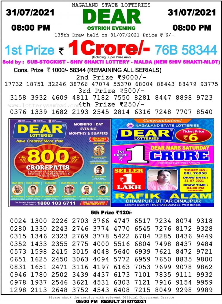 Dear Daily Lottery Result 8PM 31 Jul 2021