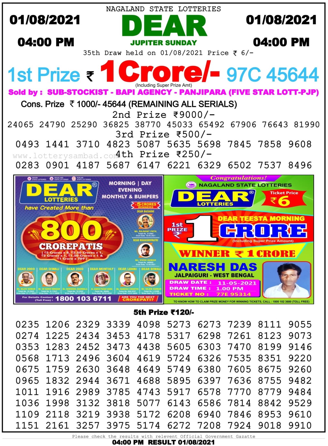 Dear Daily Lottery Result 4PM 01 Aug 2021