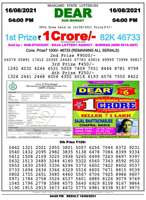 Dear Daily Lottery Result 4Pm 16 Aug , 2021